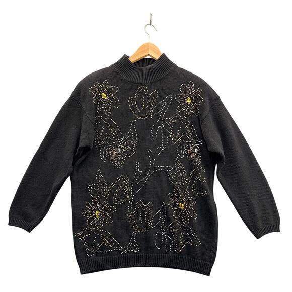 Cezanne Vintage Black Long Sleeve Mock Neck Floral Beaded Sweater Women Large - Picture 1 of 6